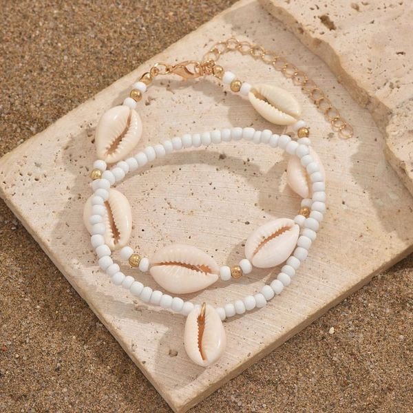 Браслет на ногу из розовых бусин с ракушками CJL68300