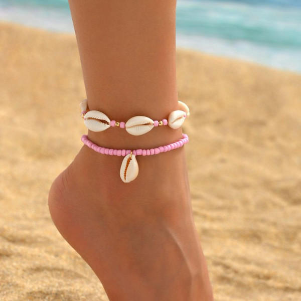 Браслет на ногу из розовых бусин с ракушками CJL68300