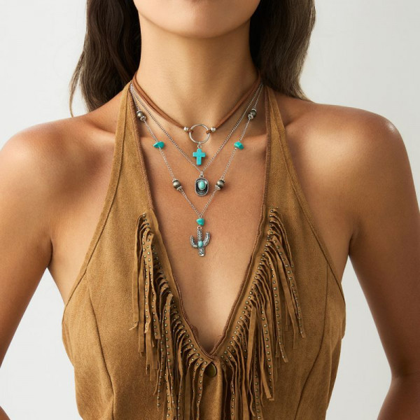 Многослойное этническое ожерелье со шнурами и бирюзой CJN79319