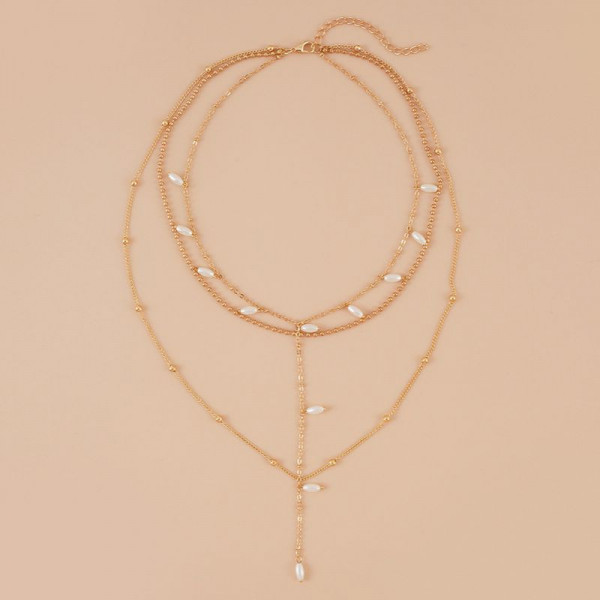 Многослойное золотистое Колье с жемчужными подвесками CJH77156