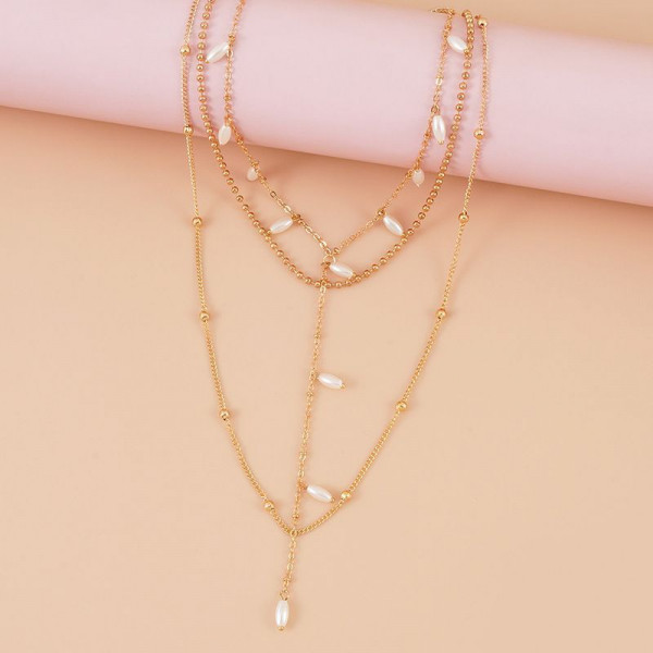Многослойное золотистое Колье с жемчужными подвесками CJH77156