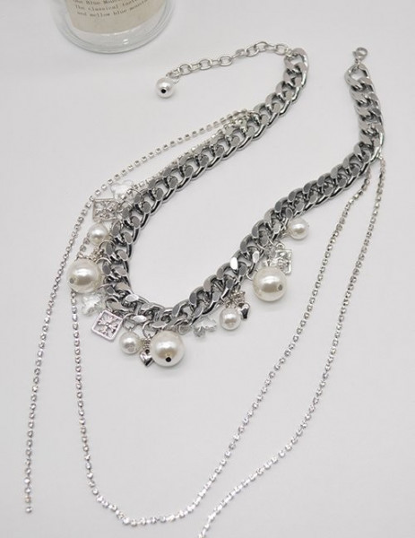 Массивное многослойное колье с жемчугом и цепями Z12226