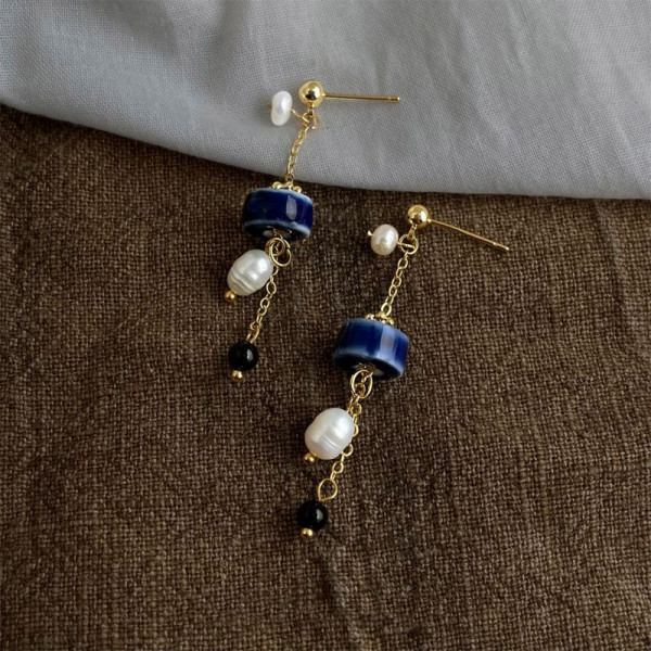 Серьги-подвески с керамическими вставками и жемчугом CJQ17184