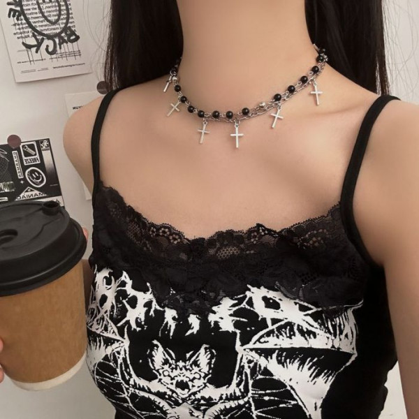 Черный чокер с подвесками в форме крестов и темных кристаллов CJL19631