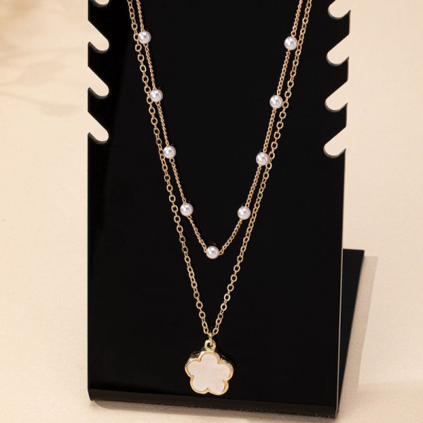 Двойная цепочка с жемчужинами и подвеской-цветком CJH24241