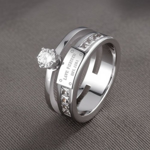 Двойное серебристое кольцо с инкрустацией и крупным камнем 1J11795CJJ