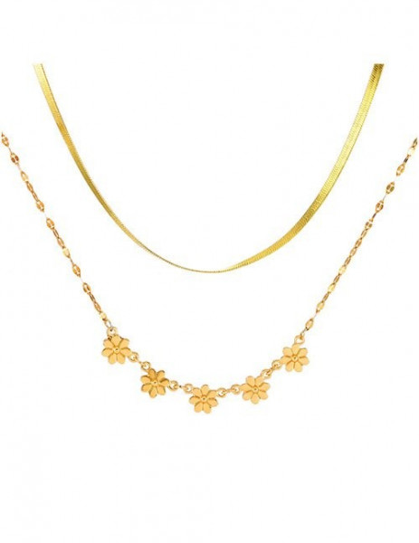 Двойное золотистое колье из плоских цепочек с цветами L75901