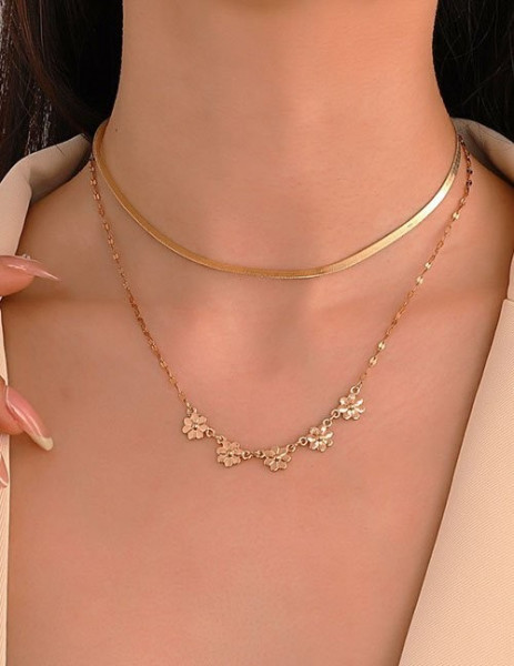 Двойное золотистое колье из плоских цепочек с цветами L75901
