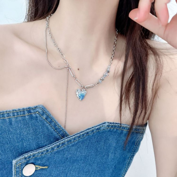 Двойная Цепочка с кулоном в форме голубого сердца J10977CJJ