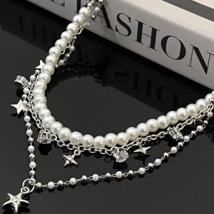 Трехслойное колье из жемчуга и цепей с подвесками-звездами J11228CJJ