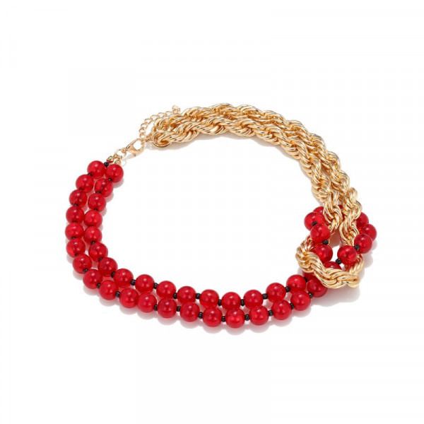 Дерзкое комбинированное колье из красных бус и золотых цепей CJR90180