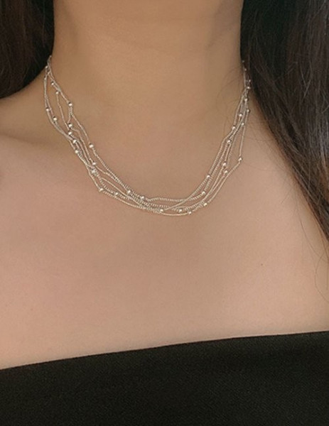 Многорядное тонкое колье из серебристых цепочек L83584