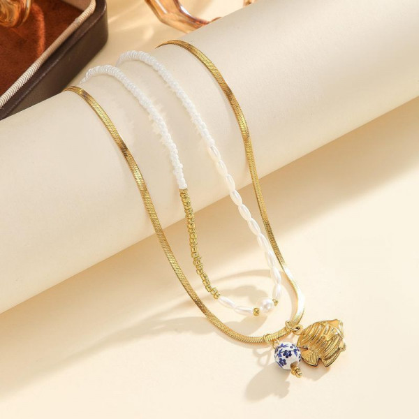 Двухслойное колье из жемчужной нити и цепи с камнями CJP80758