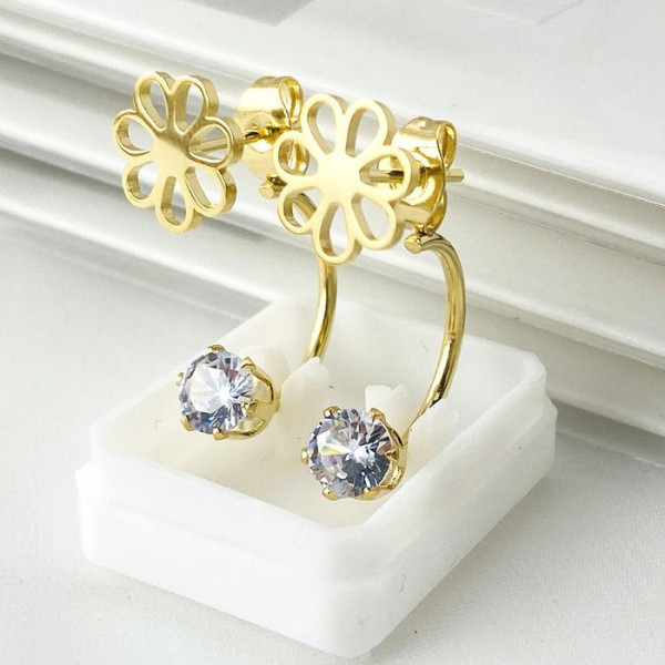 Золотистые стальные серьги-джекеты в форме цветов с кристаллами 1J10359CJJ