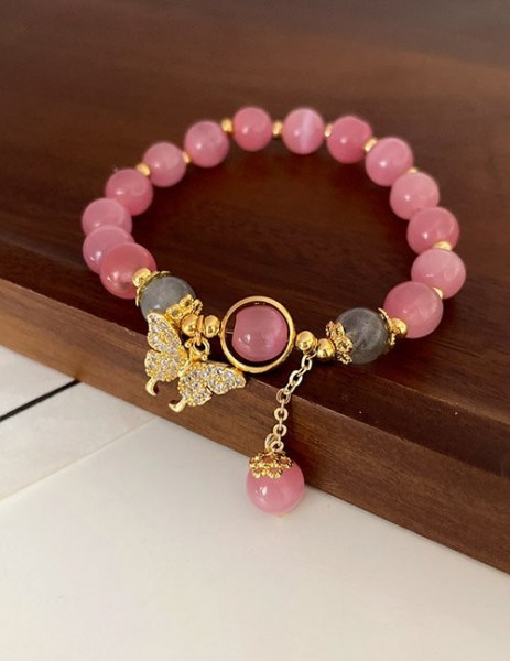 Браслет из розового кварца с золотистой бабочкой Z68757