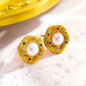 Золотистые винтажные серьги-пусеты с жемчугом CJJ07932