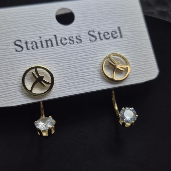 Серебристые стальные серьги-джекеты с символом штурвала и стразами 1J10360CJJ