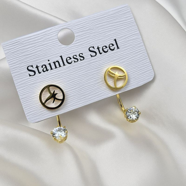 Серебристые стальные серьги-джекеты с символом штурвала и стразами 1J10360CJJ