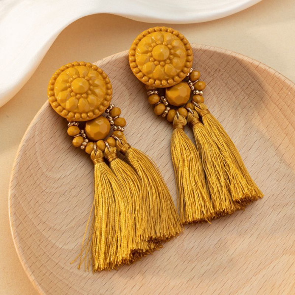 Массивные серьги пусеты с зелеными текстильными кистями CJL85056