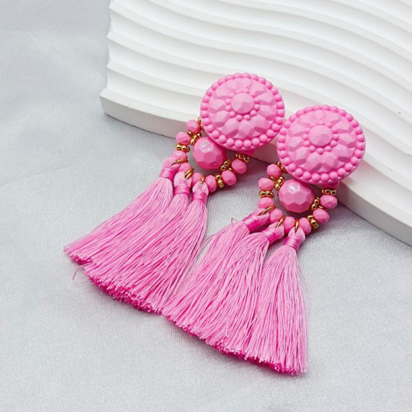 Массивные серьги пусеты с зелеными текстильными кистями CJL85056