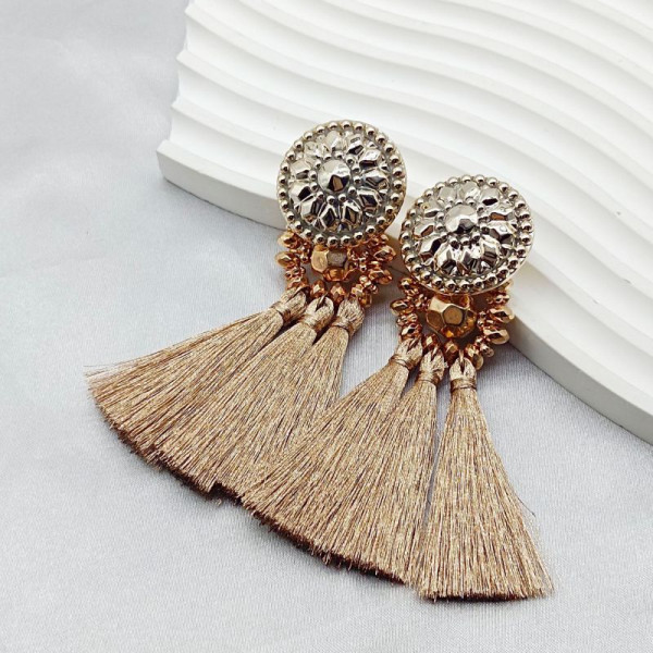 Массивные серьги пусеты с зелеными текстильными кистями CJL85056