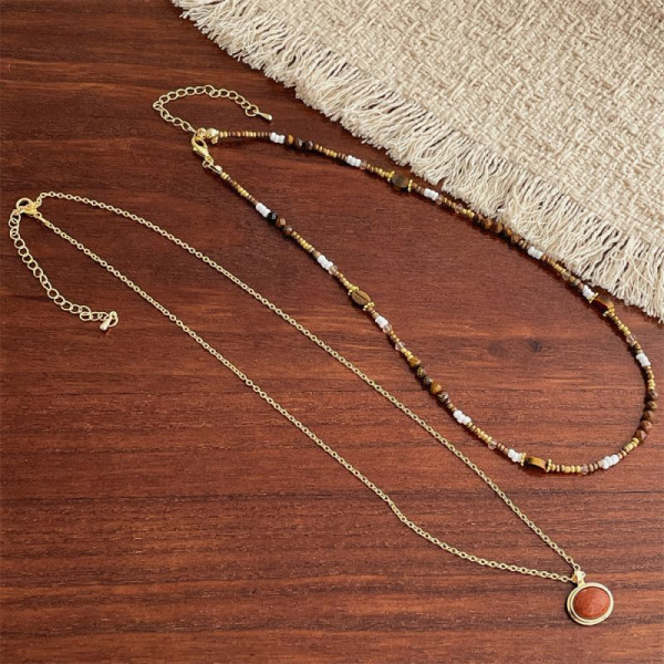 Двойная цепочка с натуральными камнями и круглой подвеской CJL80907