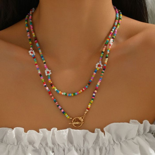 Двойные бусы из разноцветного бисера с цветочными вставками CJM69625