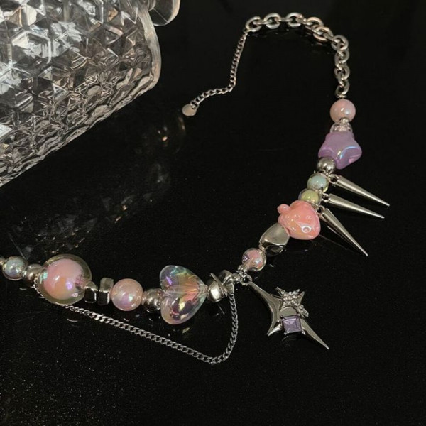 Многослойное колье с розовыми бусинами и подвесками CJH56294