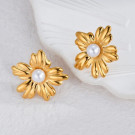 Золотистые серьги-пусеты Цветы с жемчугом CJH59685