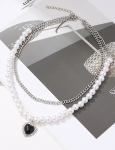 Многослойное колье из жемчуга и стальных цепей G31764MSK