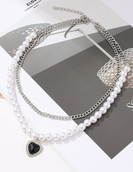 Многослойное колье из жемчуга и стальных цепей G31764MSK