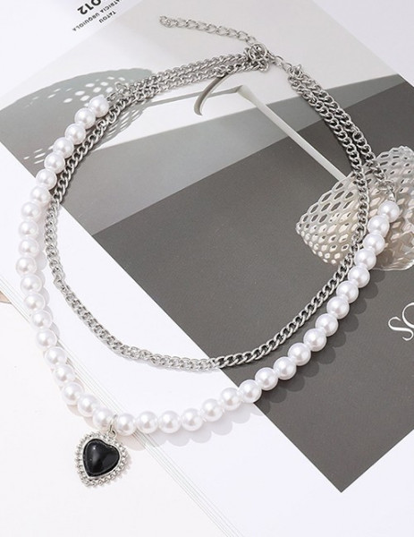 Многослойное колье из жемчуга и стальных цепей G31764MSK