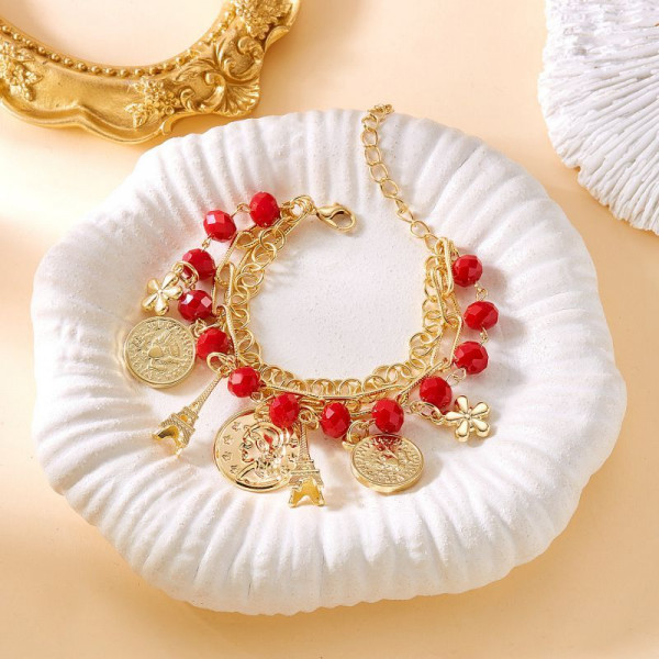 Браслет многорядный из золотистых цепей и бусин CJT15260