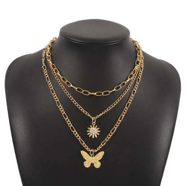 Тройное золотистое колье с бабочкой и солнцем CJH33135