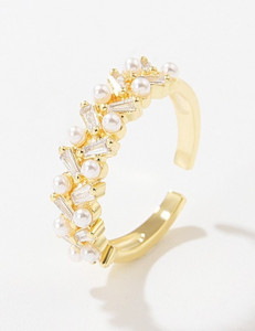 Разомкнутое кольцо с россыпью жемчуга и страз T79096