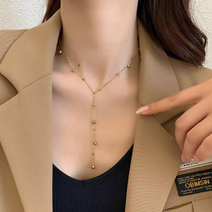 Стальное колье-галстук с каскадом бусин CJC66809