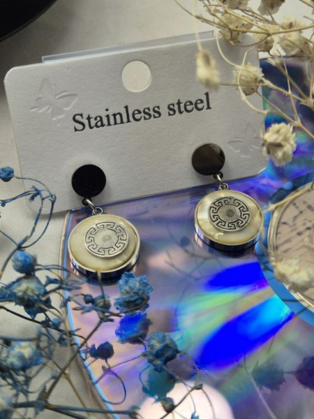 Висячие серьги из медицинской стали с дисками и античным узором 1J10614CJJ