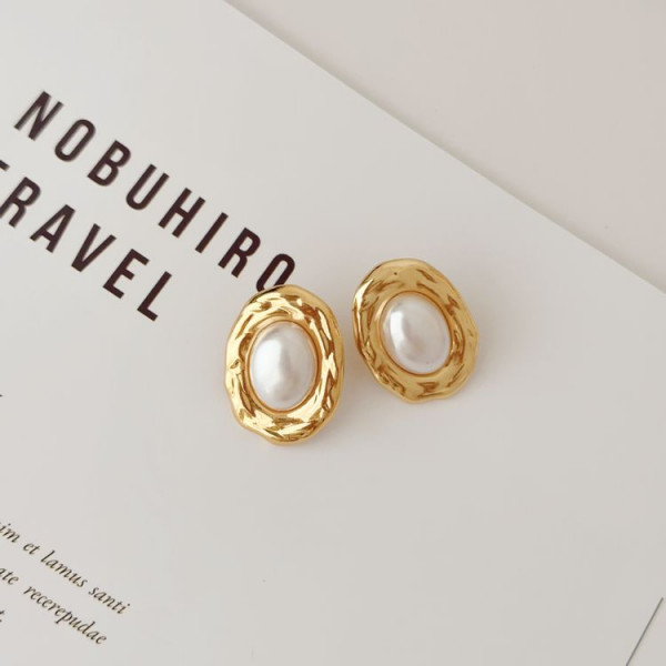 Серьги гвоздики из стали кулон жемчуг с напылением золотом J11489CJJ