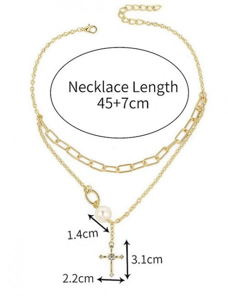 Многослойное золотистое колье с крупным крестом и жемчугом M08684