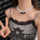 Двухслойное колье из жемчуга с черным бантом CJL19611