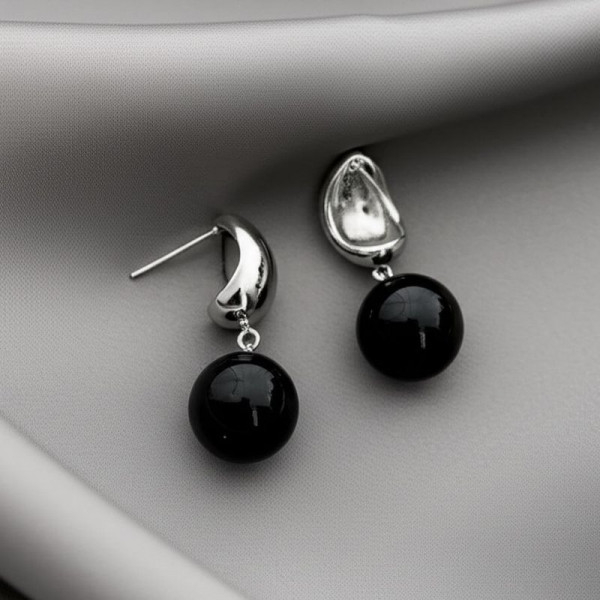 Длинные серебряные серьги с черным жемчугом и полумесяцами 1J11583CJJ