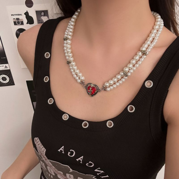Многослойные бусы из жемчуга и металла с красным сердцем CJM02284