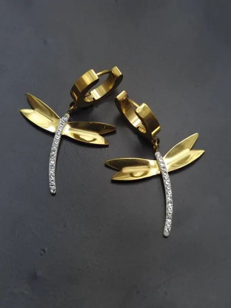 Серьги стальные с напылением золотом стрекозы J10218CJJ