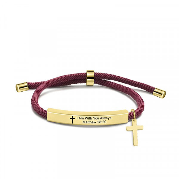 Браслет шнурок серебристый с надписью и подвеской-крестом CJT17972