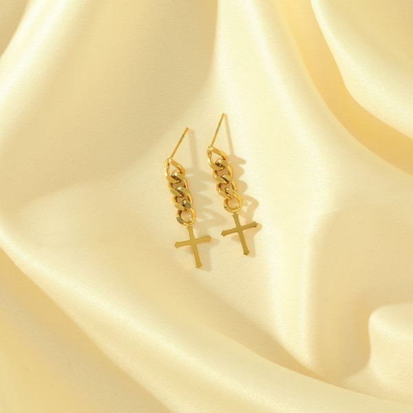 Золотистые серьги-цепи с крестами CJG49008