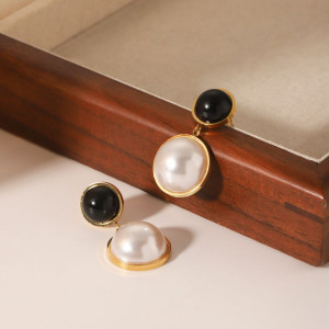 Серьги Висячие Жемчуг и Черная эмаль CJL78889