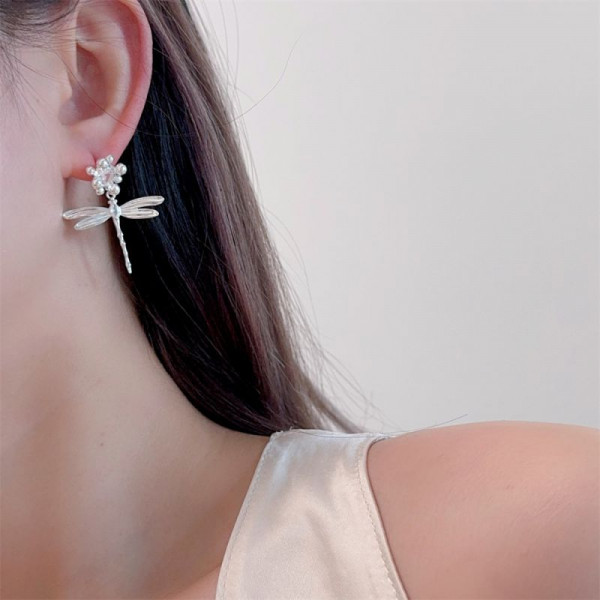 Серьги-стрекозы с жемчужным цветком CJL14672