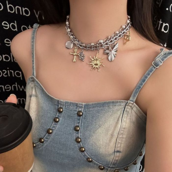 Серебристая цепочка с множеством подвесок в морском стиле CJL19696