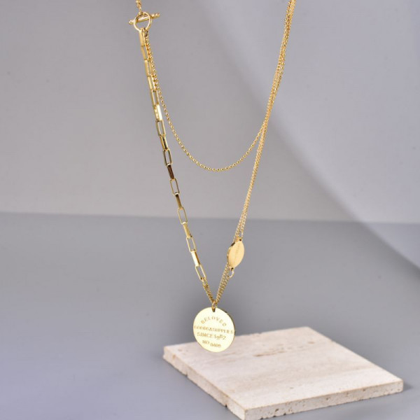 Двойное золотистое колье с круглым медальоном CJL14393