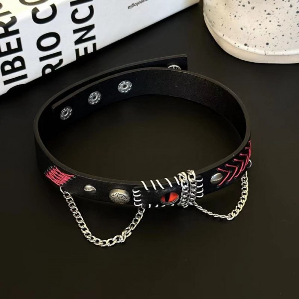 Кожаный чокер с металлическими заклепками и ниспадающими цепями CJD68580